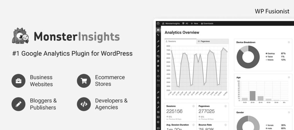 monsterinsights wordpress plugin dashboard preview with some some features listed on side